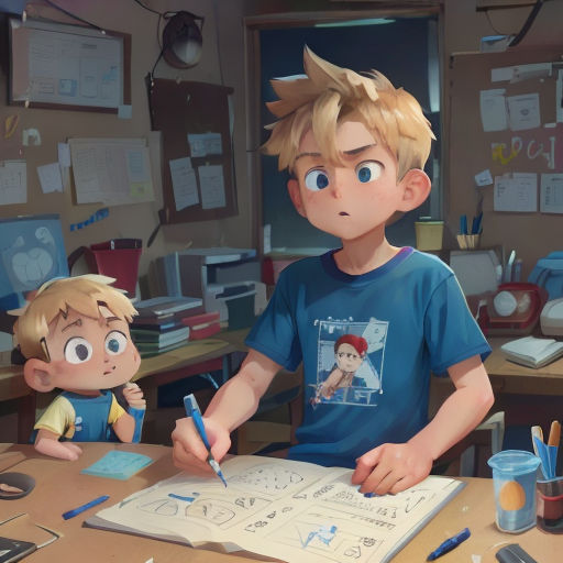 a boy and a girl are sitting at a desk with a book and pencils in front of them