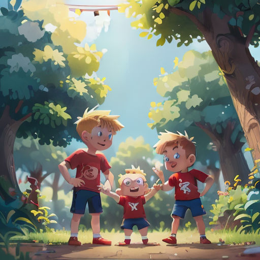 three children standing in the woods holding hands and smiling at the camera, with a plane flying overhead in the background