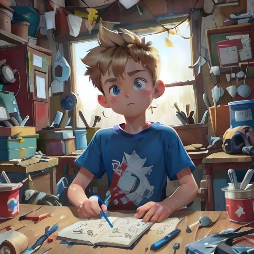 a boy is sitting at a table with a book and a pencil in his hand and a lot of clutter around him