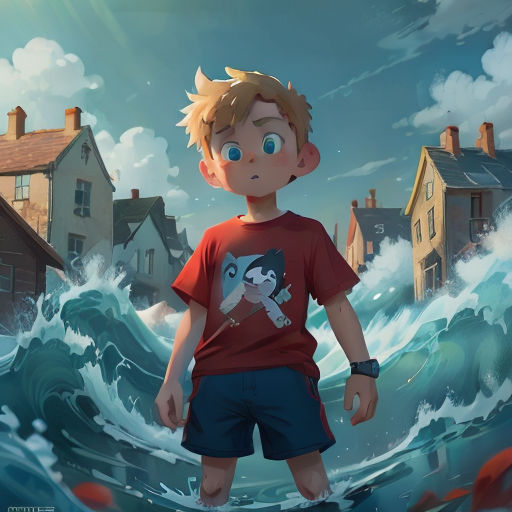 a boy standing in the middle of a wave in front of a house and a dog on a surfboard