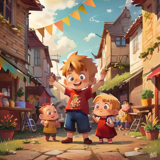 a cartoon of a boy and two girls standing in front of a small town with a kite flying in the sky
