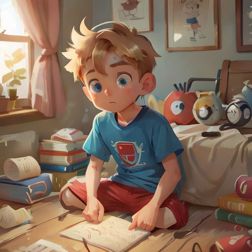 a boy sitting on a bed with a book in his lap and a pile of books on the floor