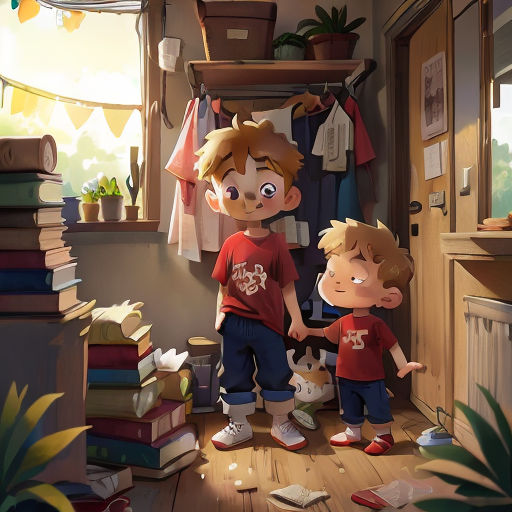 a boy and a girl are standing in a room with books and a cat on the floor and a shelf with books