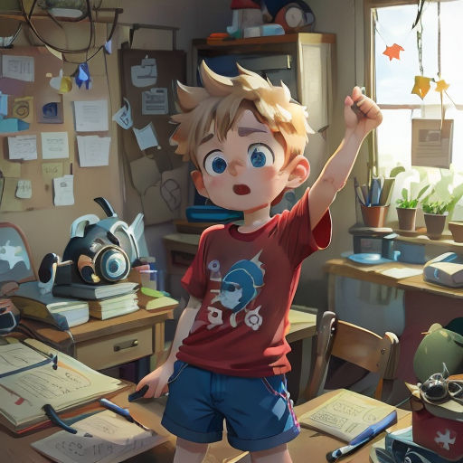a boy in a red shirt is standing in a room with a desk and a bookcase and a window