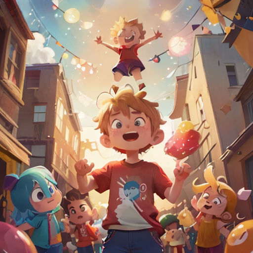 a boy is standing on a string with other children in the background and a girl is standing on a string above him