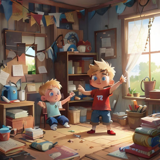 a boy and a girl are standing in a room with books and papers on the floor and a window
