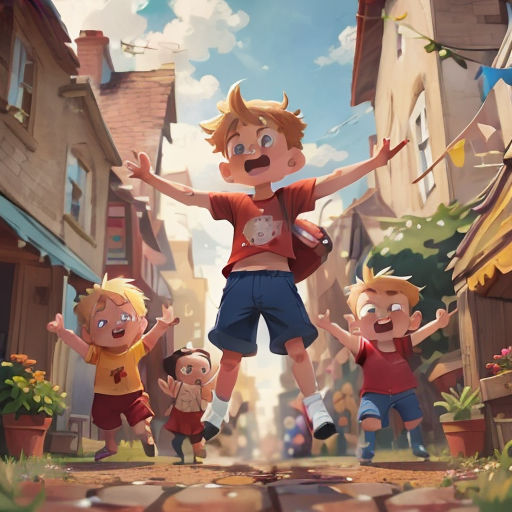 a group of children jumping in the air in a cartoon style photo with a sky background and a city street