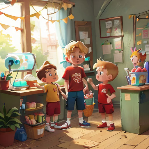 a group of children standing in a room with a window and a table with a basket of food on it