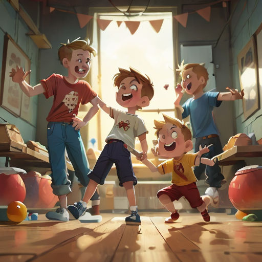 a group of children standing in a room with a ball and a window in the background and a banner hanging above them