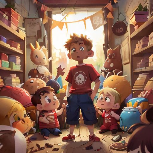 a boy standing in a room full of toys and other items in front of him and a girl standing in the doorway