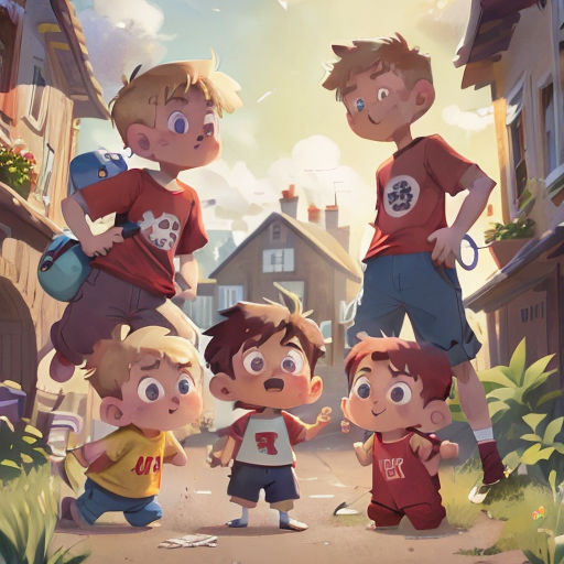 a group of children standing on top of a street next to a building and a dog on the ground