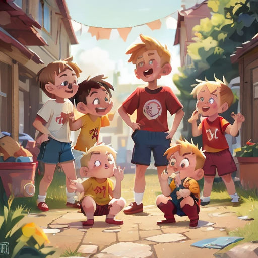 a group of children standing next to each other in a yard with a banner above them that says,