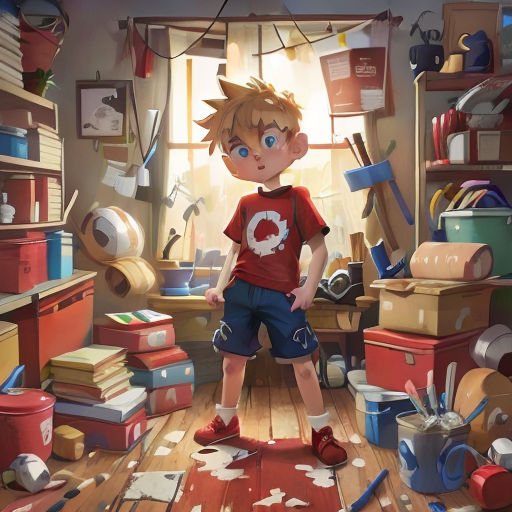 a boy standing in a messy room with lots of clutter on the floor and a pile of books