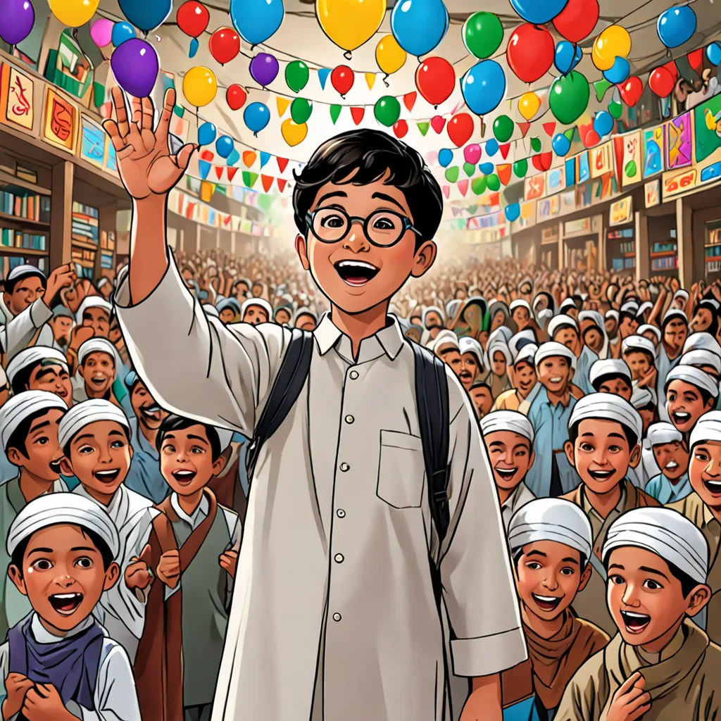 a cartoon of a man surrounded by a crowd of children with balloons in the air and a man in a white shirt, Asaf Hanuka, hurufiyya, a comic book panel, comic cover art