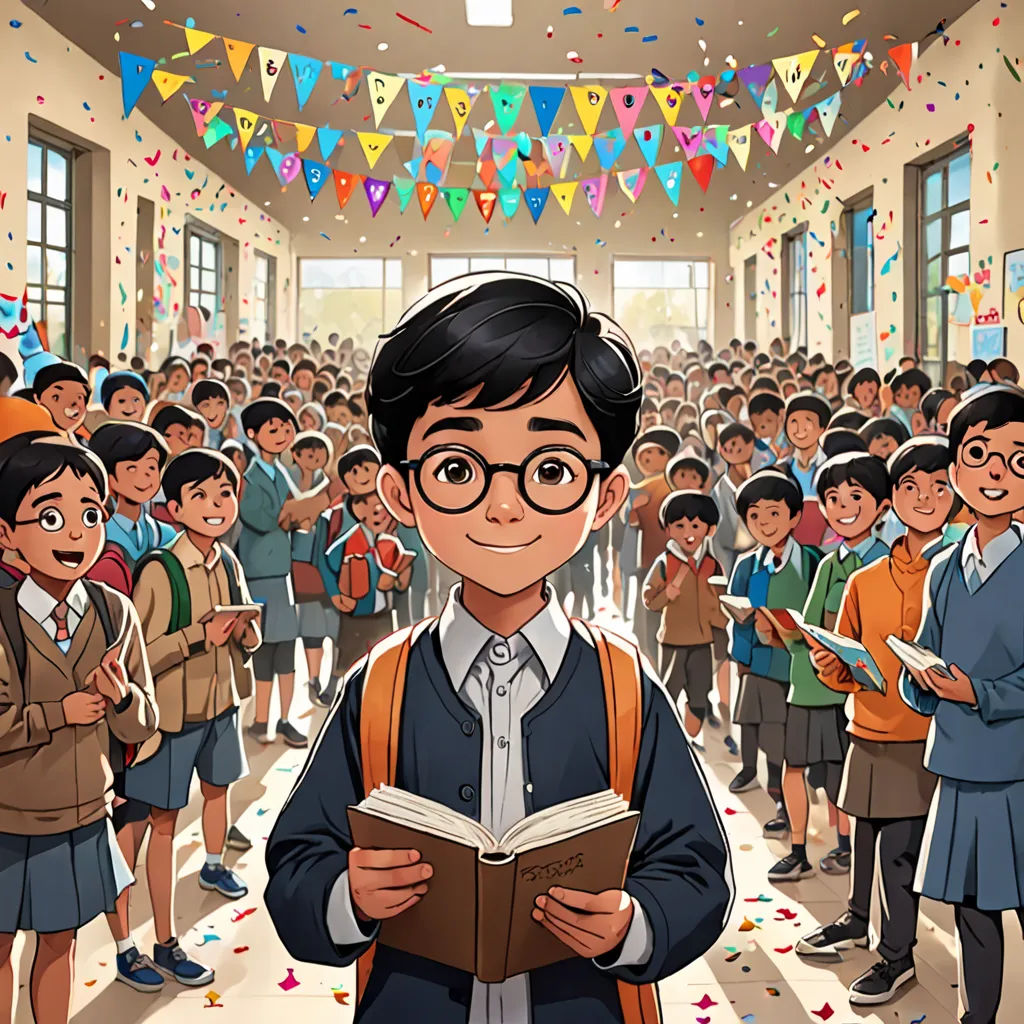 a cartoon of a boy reading a book in front of a group of children in a school hall with streamers of confetti, Amir Zand, bengal school of art, a storybook illustration, promotional image