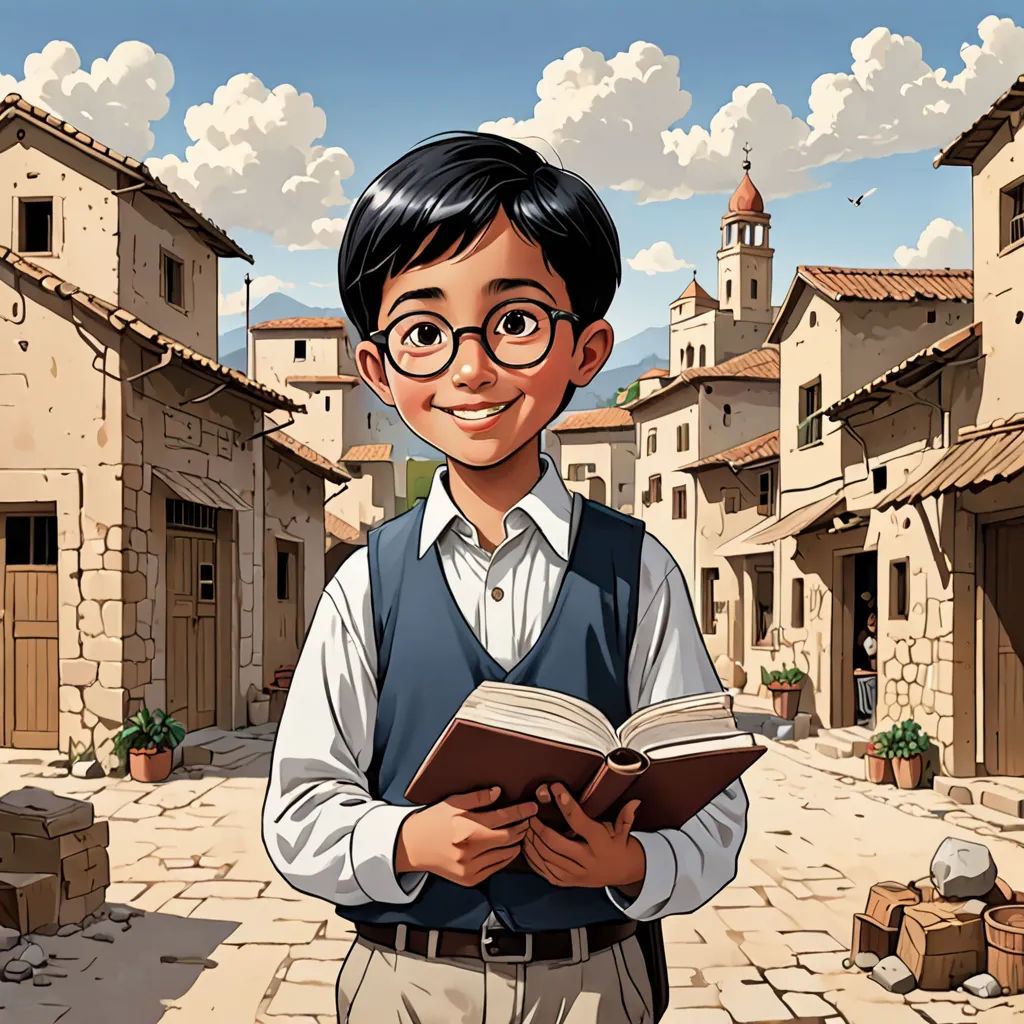 a cartoon boy is holding a book in a courtyard of a village with old buildings and cobblestones, Diego Gisbert Llorens, fantastic realism, a storybook illustration, official art