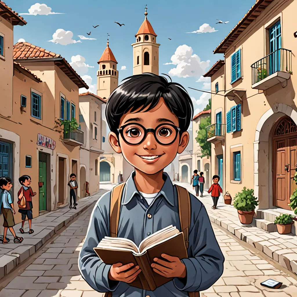 a cartoon boy with glasses and a book in his hands standing in a street with buildings and people in the background, Diego Gisbert Llorens, magical realism, a storybook illustration, storybook illustration