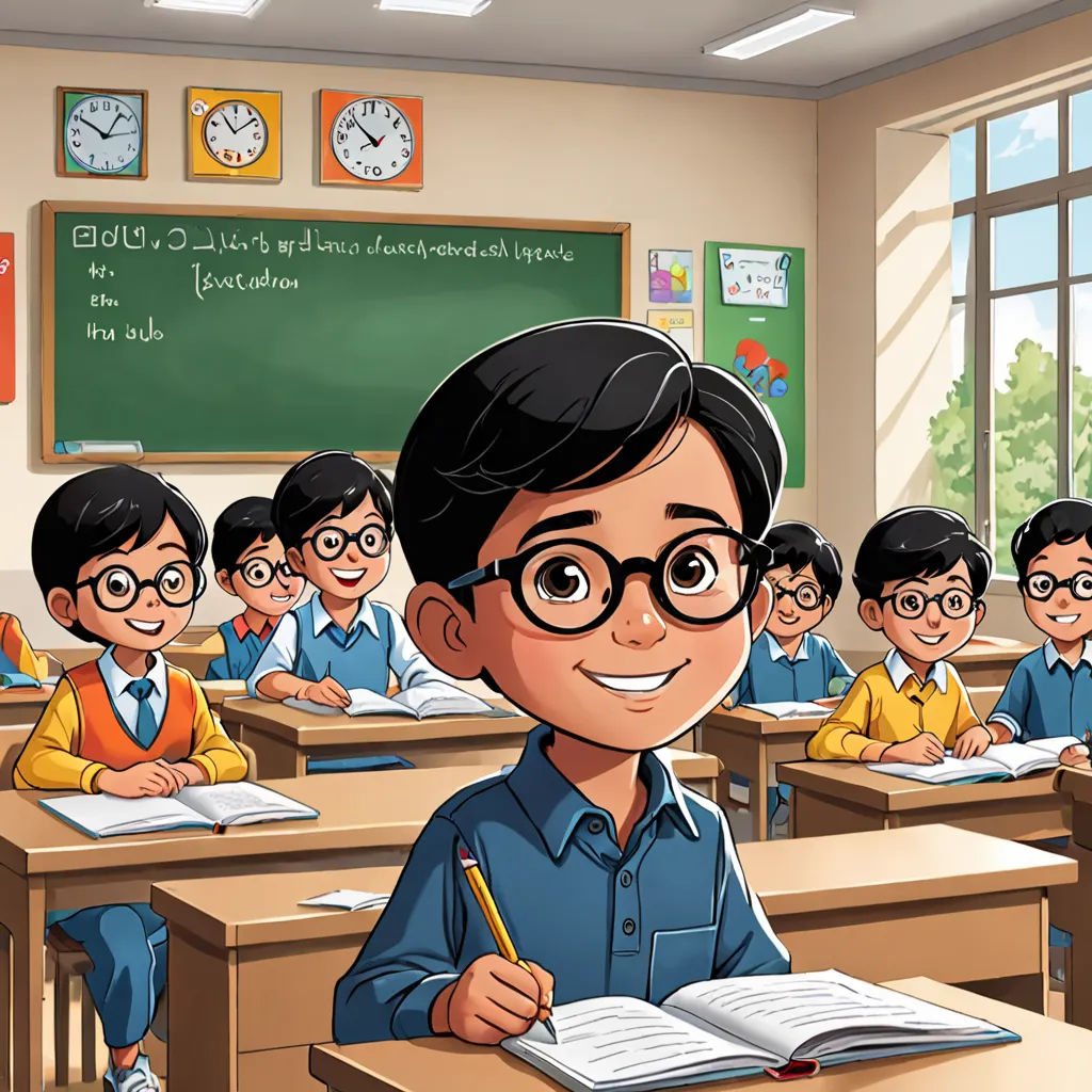 a cartoon boy in a classroom with a book and pencil in his hand and a group of other children behind him, Bhupen Khakhar, bengal school of art, a storybook illustration, official art