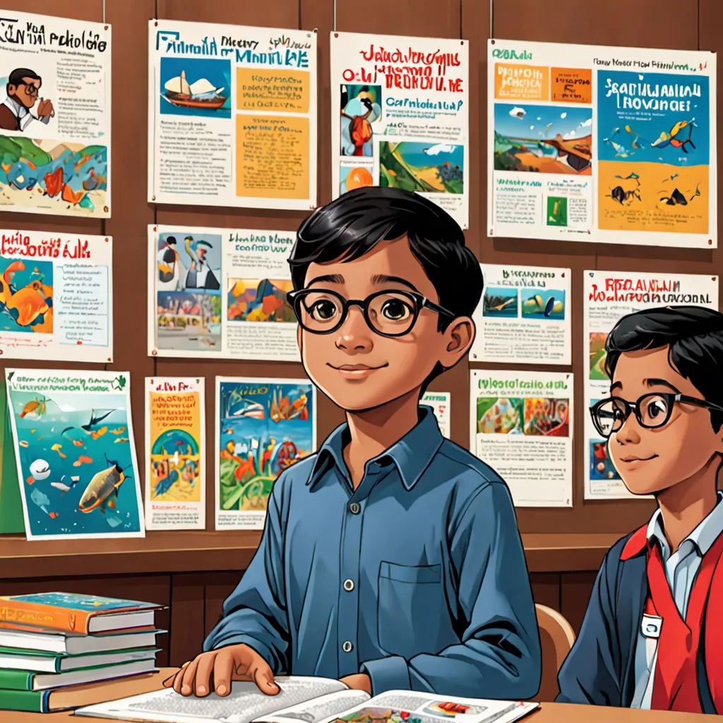 a boy and a girl sitting at a table with books in front of them and posters on the wall behind them, Basuki Abdullah, private press, a storybook illustration, storybook illustration