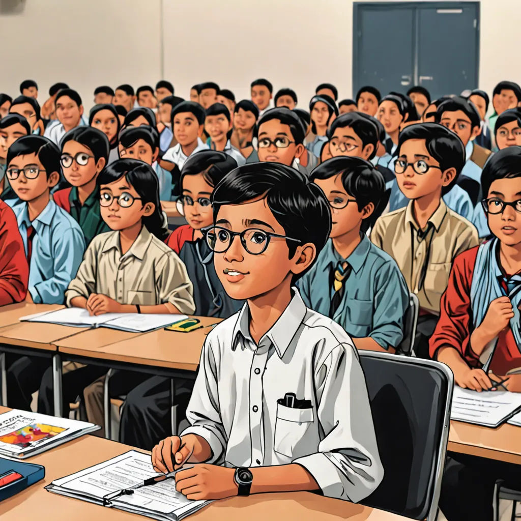 a classroom full of students with a cartoon of a boy sitting at a desk in front of them with a book, Bhupen Khakhar, bengal school of art, a comic book panel, comic book