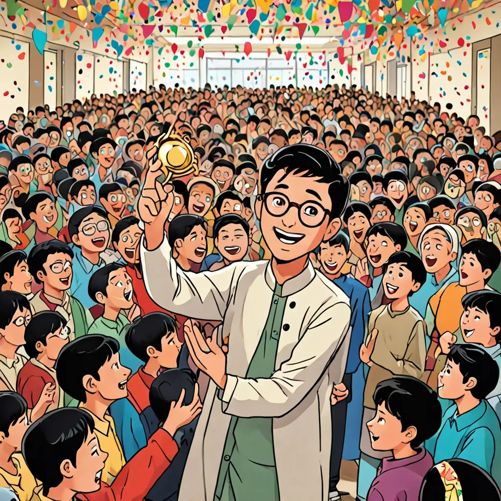 a man holding a golden ball in front of a crowd of people in a room with confetti hanging from the ceiling, Akira Toriyama, paris school, a comic book panel, yukito kishiro