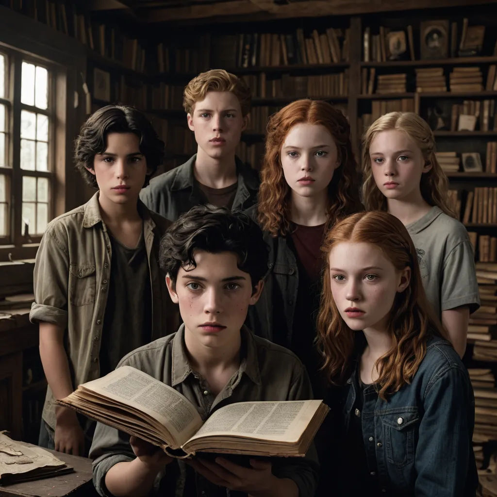 a group of people standing next to each other in a library with a book open in front of them, antipodeans, a poster, Anne Said, promotional image