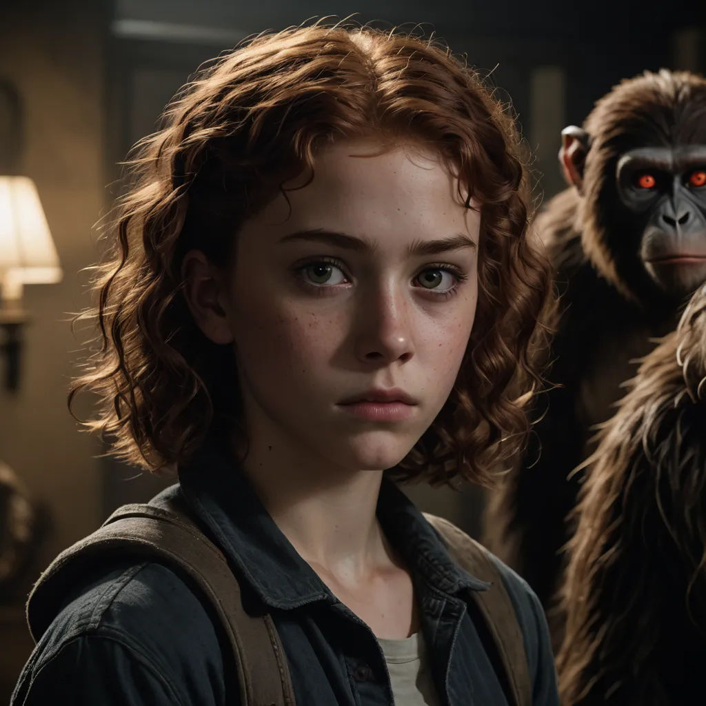 a woman standing next to a monkey in a room with a lamp on it's head and a man in a gorilla suit behind her, rayonism, a character portrait, Alex Petruk APe, vfx