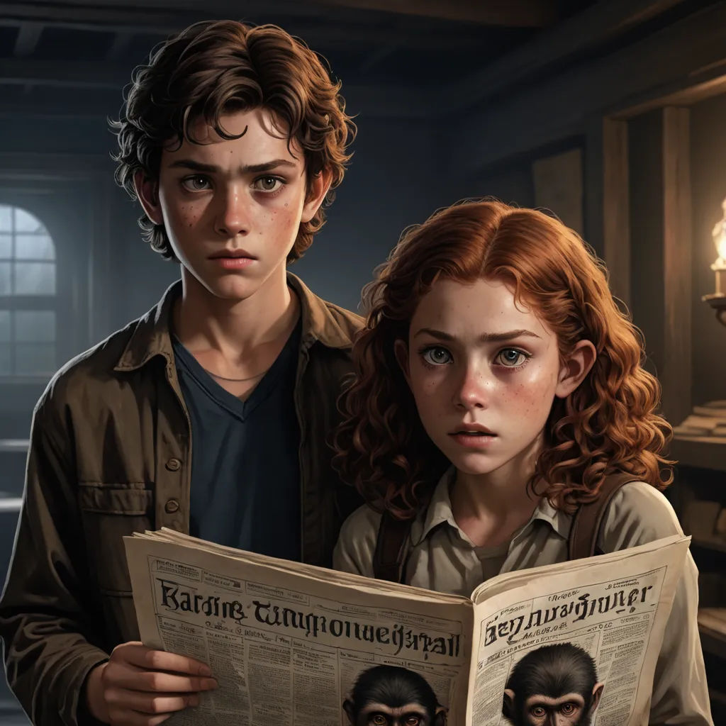 a boy and a girl are reading a newspaper together in a dark room with a lamp on the wall, fantastic realism, a storybook illustration, Aaron Jasinski, mars ravelo and greg rutkowski