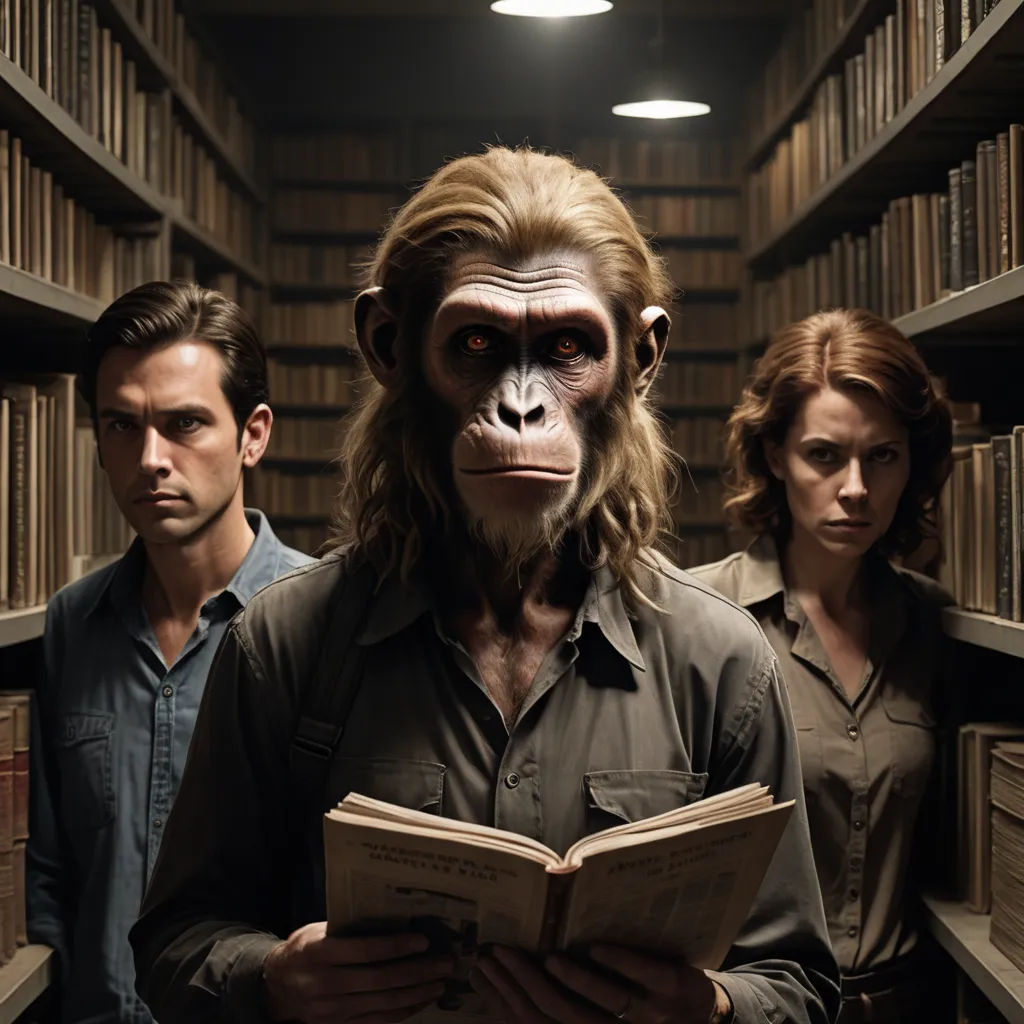 a man and two women standing in a library with a monkey mask on and a book in his hands, naturalism, a poster, Alex Petruk APe, promotional image