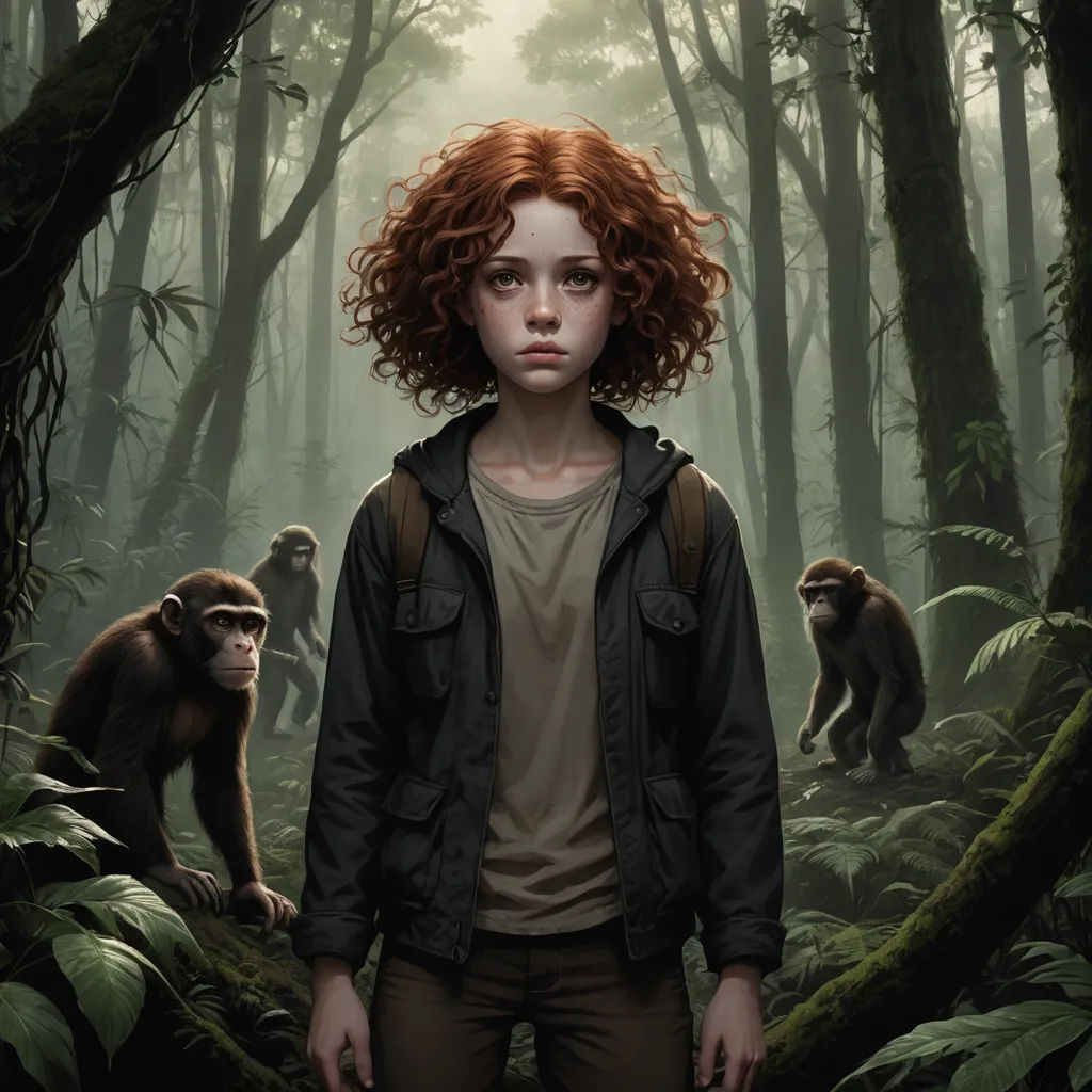 a painting of a girl standing in the middle of a forest with monkeys in the background and a man in the foreground, neo-primitivism, poster art, Alex Petruk APe, promotional image