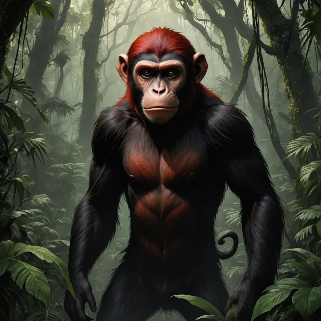 a monkey standing in the middle of a forest with trees and plants around it's sides and a red face, sumatraism, a digital painting, Alex Petruk APe, weta digital