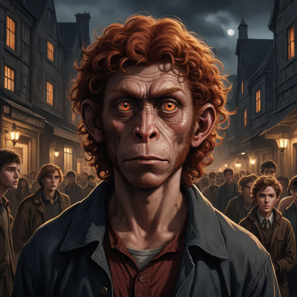 a painting of a man with red hair and a creepy look on his face in a crowded street at night, fantasy art, a character portrait, Cedric Seaut (Keos Masons), character portrait
