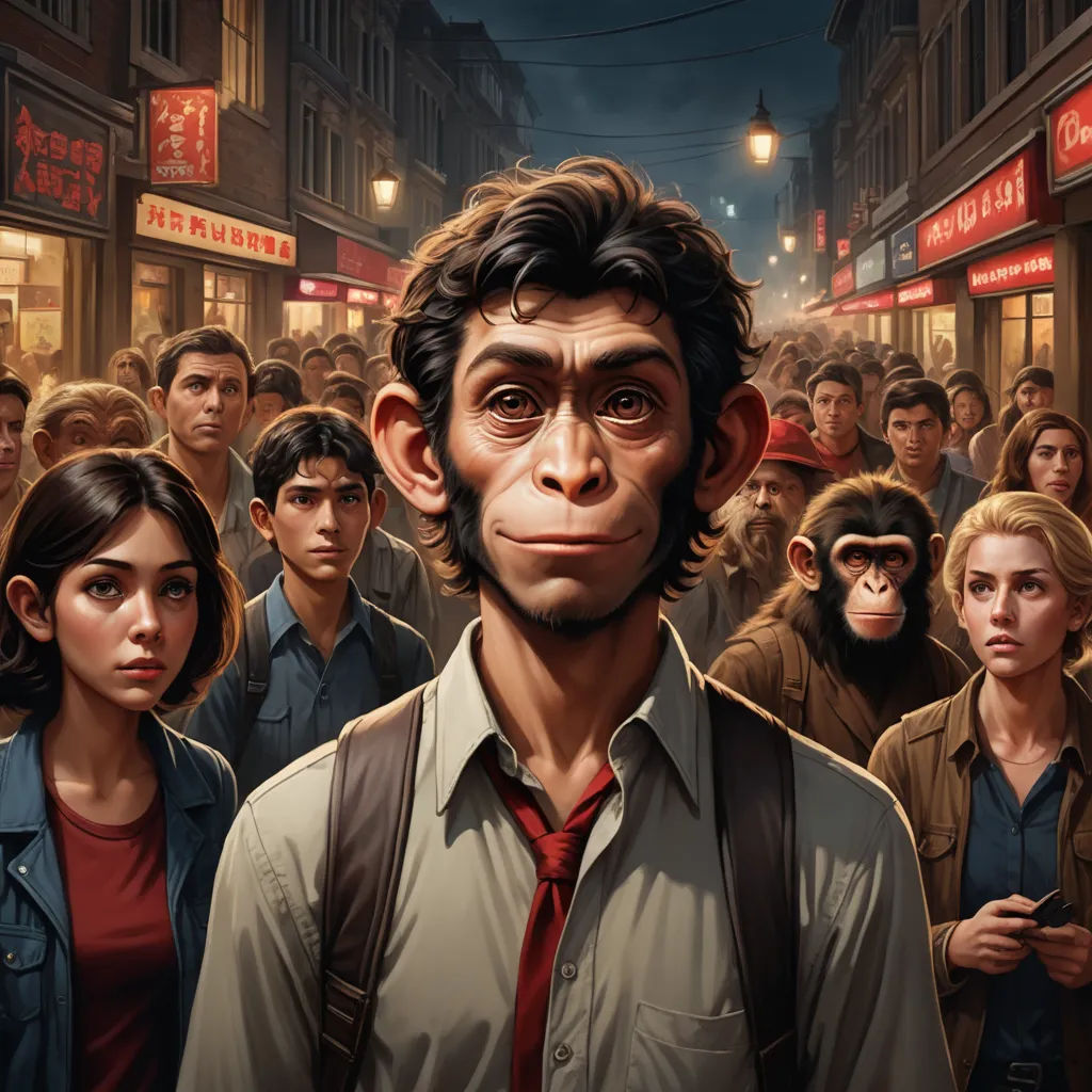 a man with a monkey face standing in front of a crowd of people in a city at night with street lights, fantastic realism, a character portrait, F. Scott Hess, stanley artgerm lau