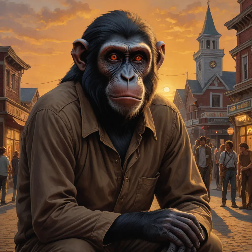 a monkey sitting on a man's lap in front of a crowd of people on a street at sunset, american scene painting, a character portrait, F. Scott Hess, official art