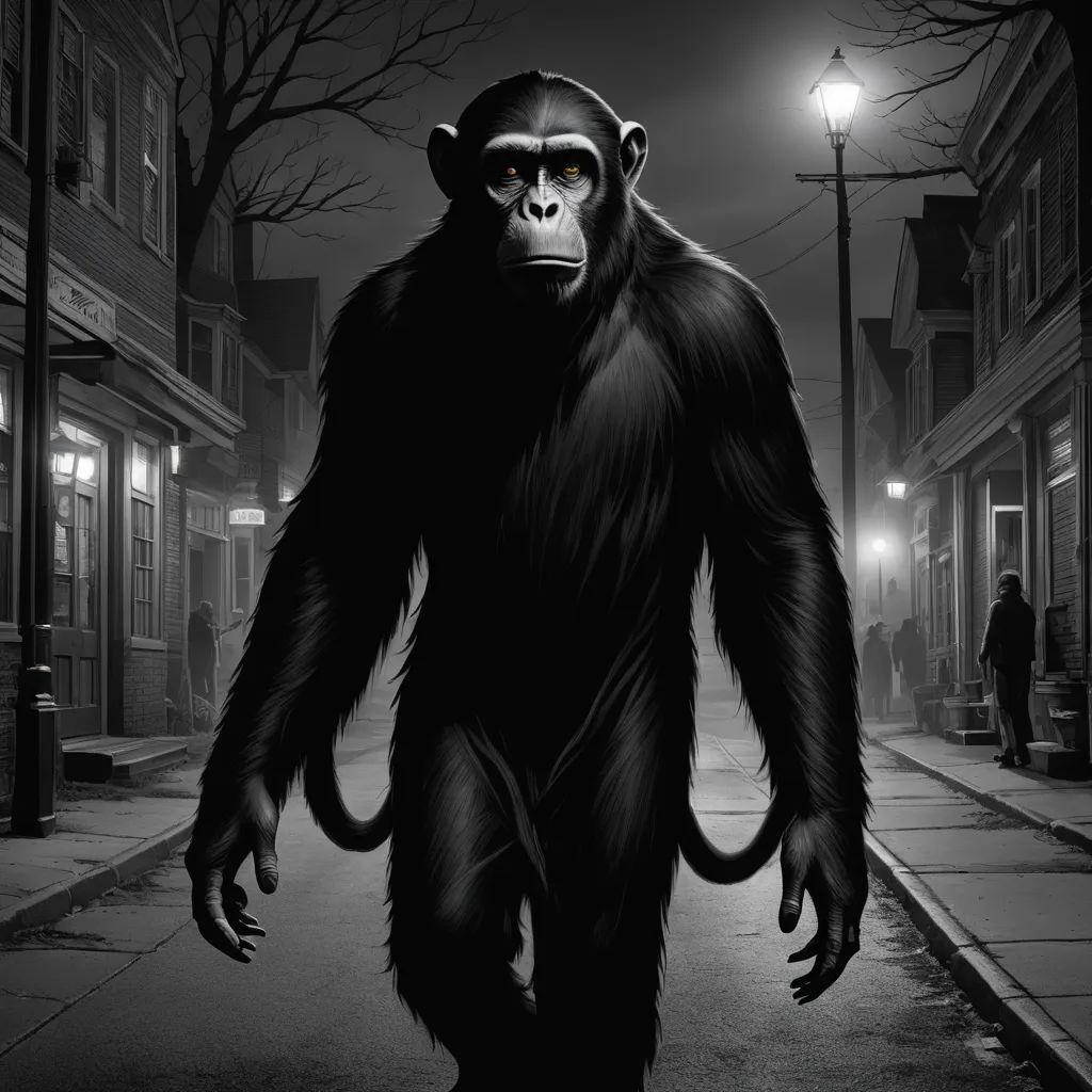 a gorilla walking down a street at night with a person in the background looking on at the street lights, harlem renaissance, an illustration of, Alex Petruk APe, promotional image