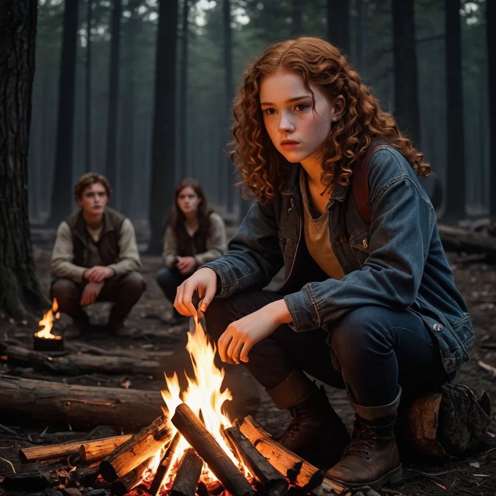 a woman sitting next to a fire in a forest with two other people sitting around her and one woman standing, primitivism, a character portrait, Elinor Proby Adams, promotional image