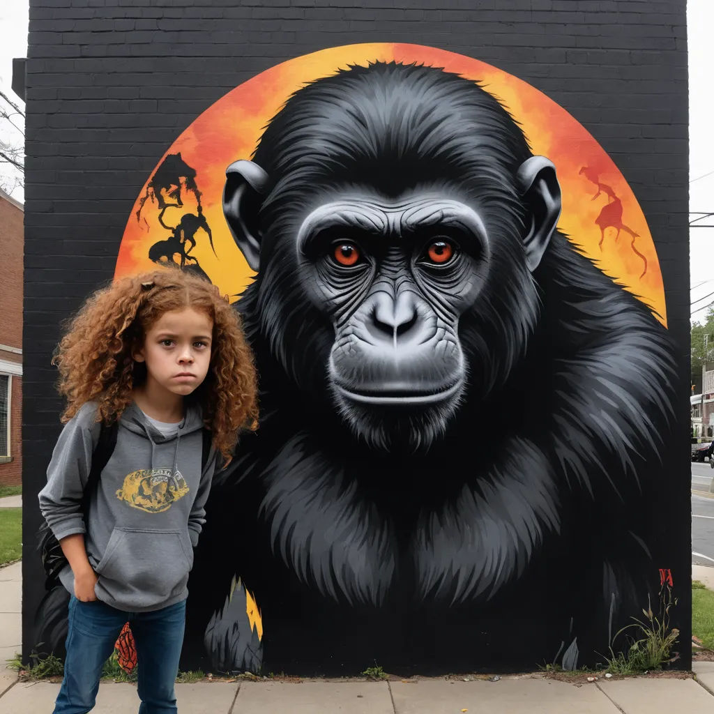 a young girl standing in front of a painting of a gorilla on a wall with a sunset behind it, street art, graffiti art, Alex Petruk APe, tristan eaton