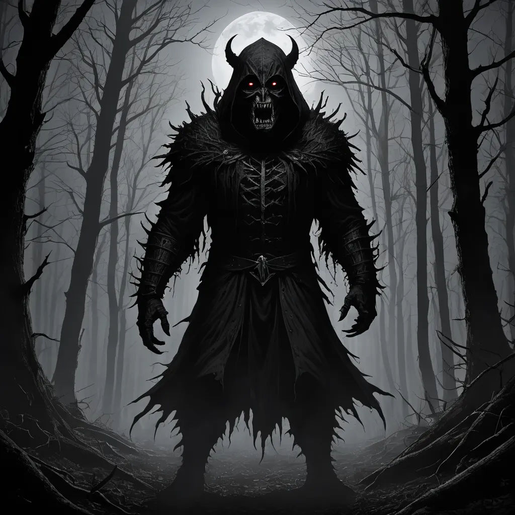 a demonic demon standing in a forest with a full moon behind him and a full moon behind him,, gothic art, a character portrait, Anne Stokes, dark fantasy art