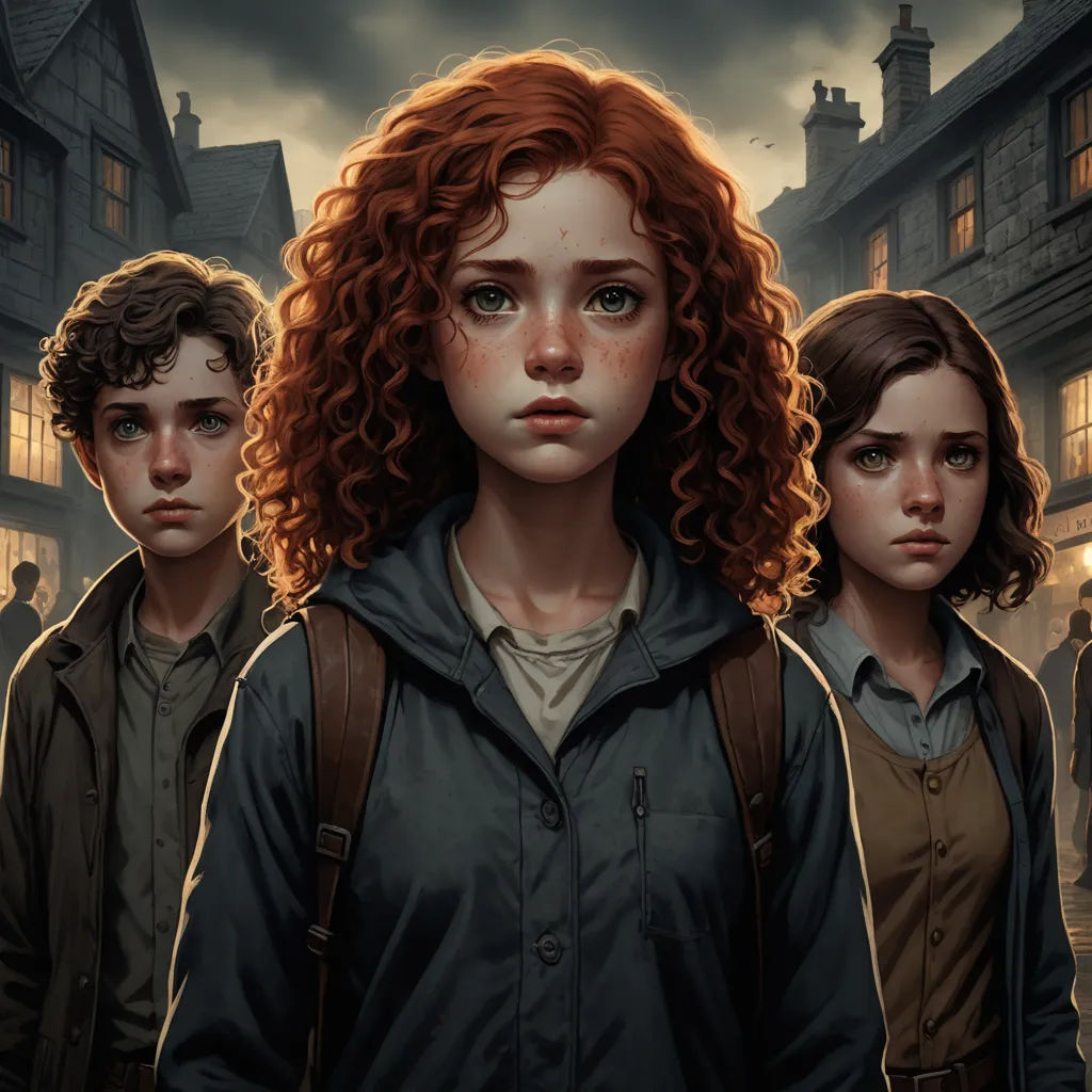 a group of people standing in front of a building with a dark sky behind them and a person with red hair, fantastic realism, a character portrait, Charlie Bowater, key art