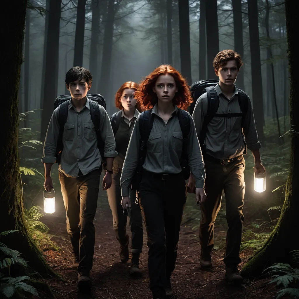 a group of people walking through a forest with lights on their backs and a backpack on their shoulders,, antipodeans, a poster, Clark Voorhees, promotional image
