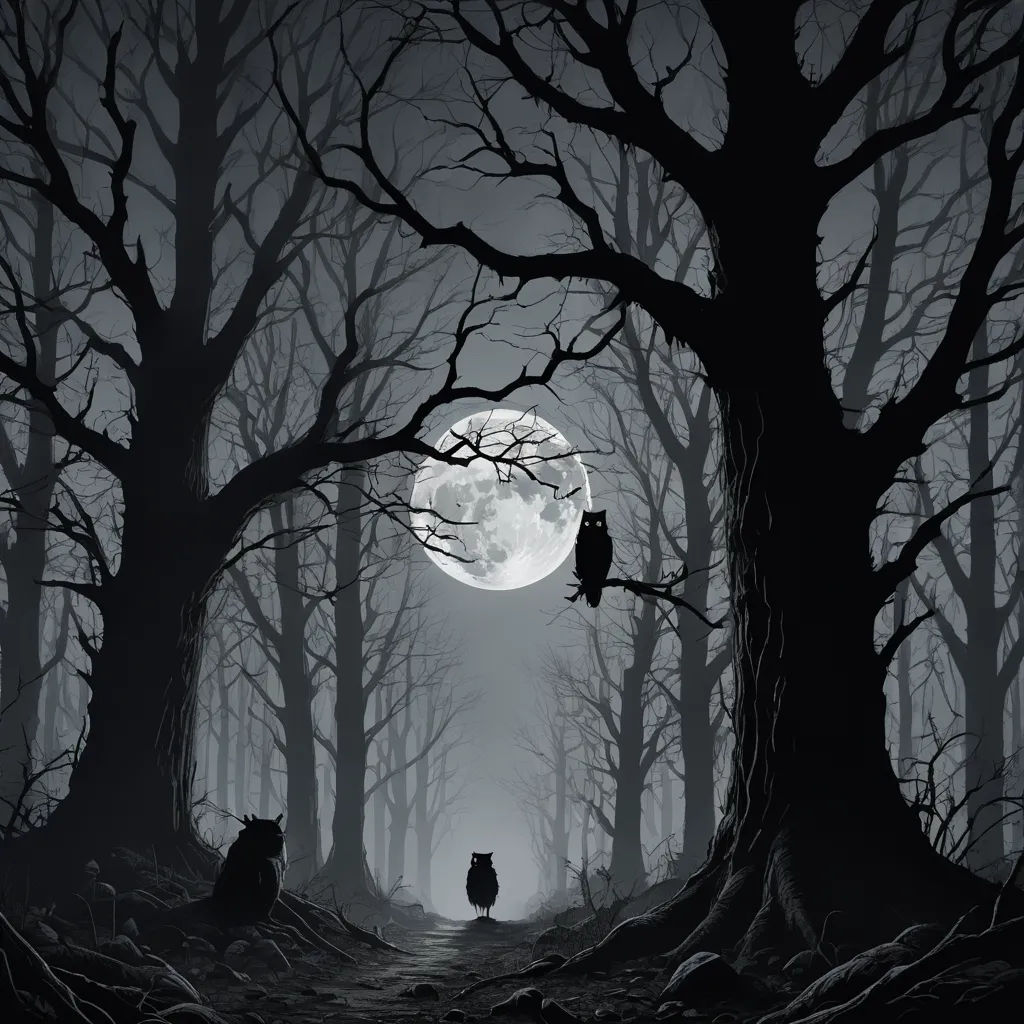 a painting of two owls sitting on a tree branch in a forest at night with a full moon in the background, gothic art, a storybook illustration, David Martin, dark night