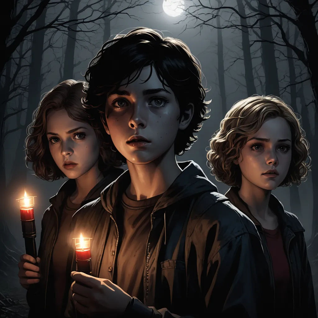 a painting of two people holding a candle in the woods at night with a full moon in the background, sots art, poster art, Clark Voorhees, key art