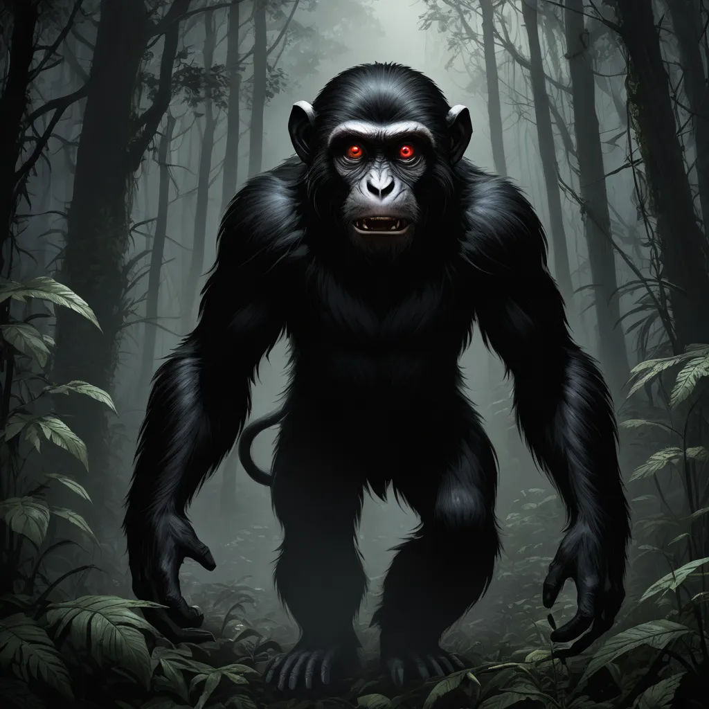 a big black gorilla standing in the middle of a forest with red eyes and a creepy look on his face, gothic art, concept art, Alex Petruk APe, weta digital