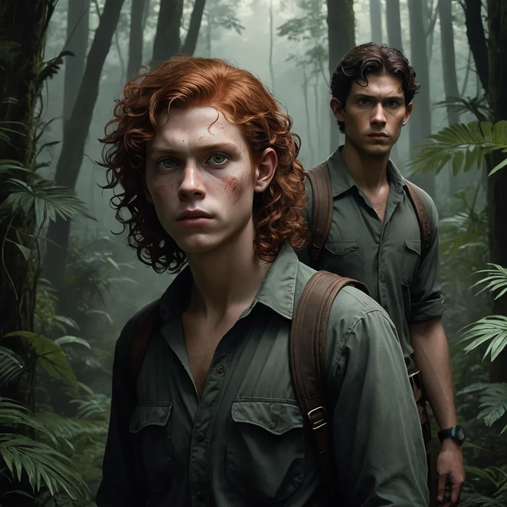 a man and a woman in the woods with a backpack on their shoulders, looking at the camera, with a forest background, antipodeans, a poster, Evan Charlton, promotional image