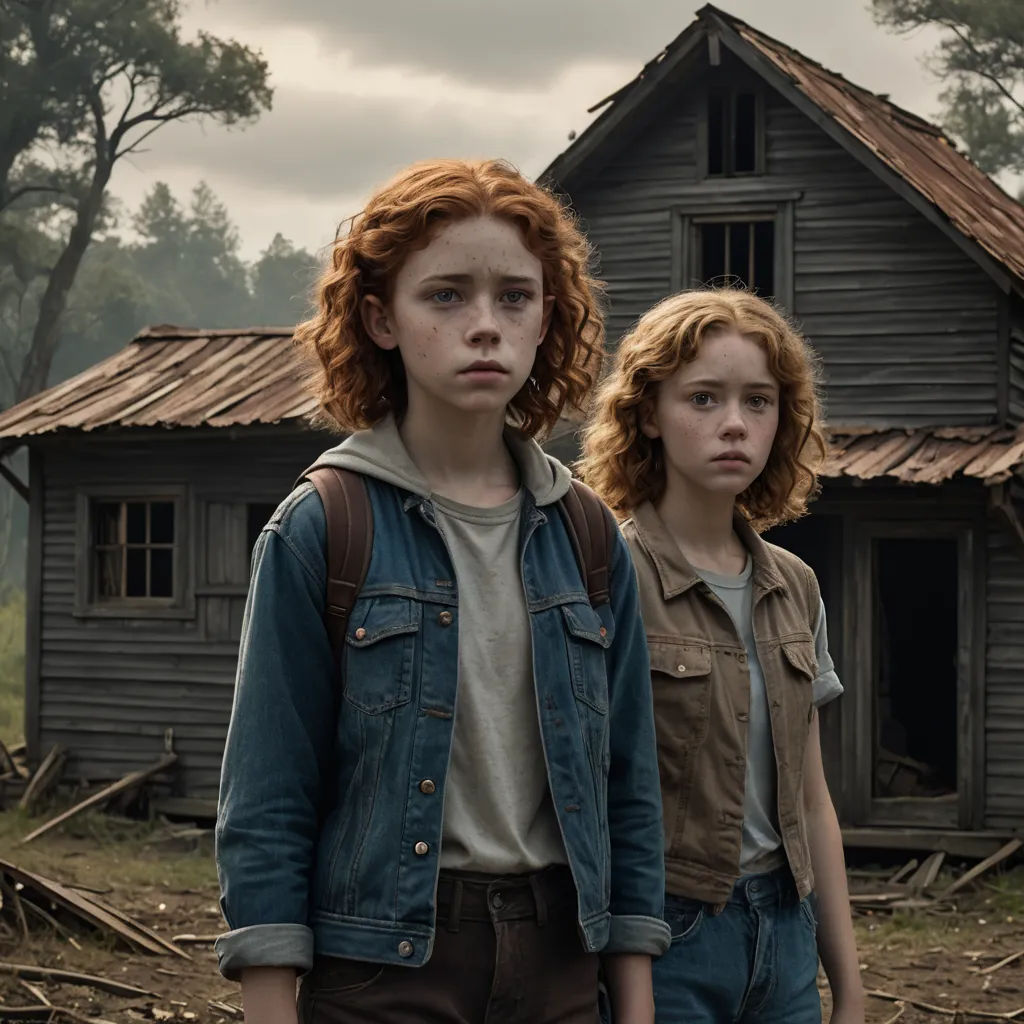 two young girls standing in front of a house in the woods with a dog in front of them and a dog in the background, antipodeans, a poster, Ada Gladys Killins, promotional image