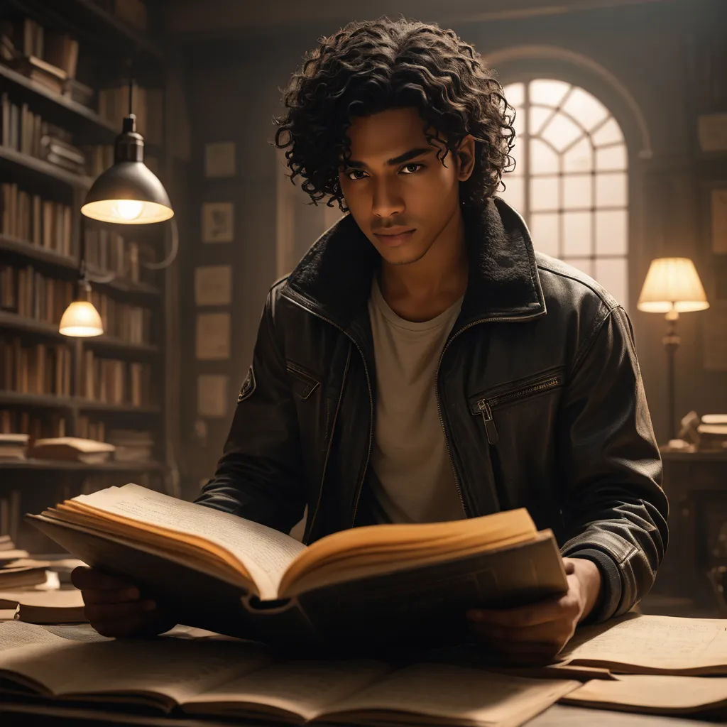 a man sitting at a table reading a book in a library with a lamp on the side of the table, academic art, a character portrait, Everett Warner, promotional image