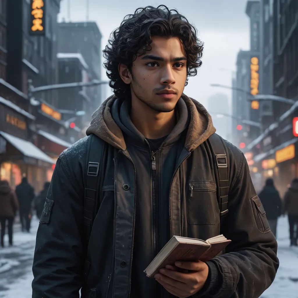 a man standing in the middle of a street holding a book in his hands and looking at the camera, art & language, a character portrait, Everett Warner, movie still