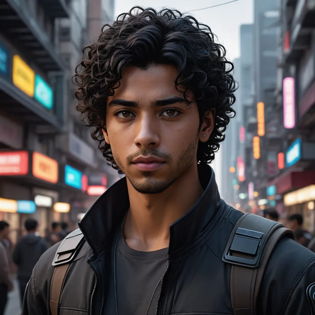 a man with curly hair and a black jacket on a city street with people in the background and a neon sign, photorealism, a character portrait, Everett Warner, photoreal