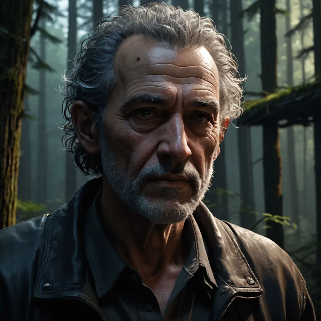 a man with a beard and a leather jacket in a forest with trees and a bird on his shoulder, photorealism, a character portrait, Eddie Mendoza, realistic character concept