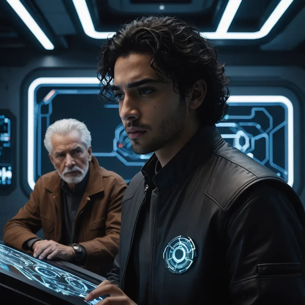 a man in a black jacket and a man in a brown coat looking at a laptop screen in a sci - fi setting, antipodeans, a hologram, Adam Dario Keel, promotional image